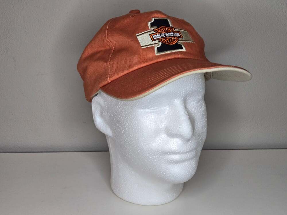 Harley-Davidson Orange Baseball Cap Hat #1 Logo Leather Strapback